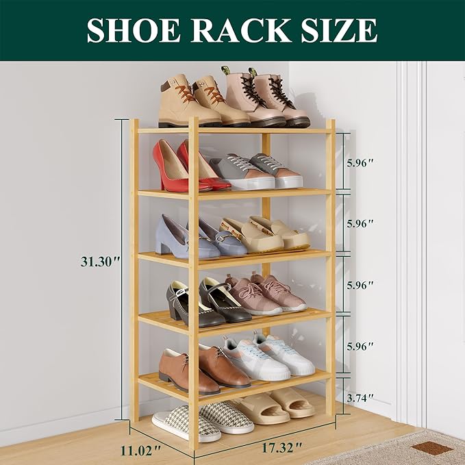 Smiry Small Bamboo Shoe Rack 5-Tier, Stackable Wooden Shoe Organizer for Entryway & Closet, Free Standing Wood Shoe Storage Shelf for Front Door & Small Spaces, Natural
