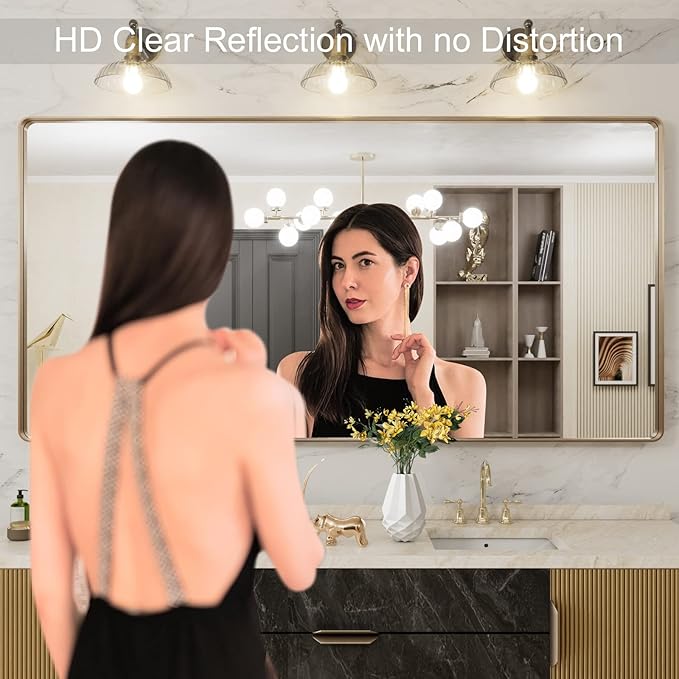 LOAAO 72”X36” Gold Bathroom Mirror, Rounded Rectangle Gold Frame Mirror, Brushed Gold Bathroom Vanity Mirror Wall-Mounted, Anti-Rust, Tempered Glass, Hangs Horizontally or Vertically