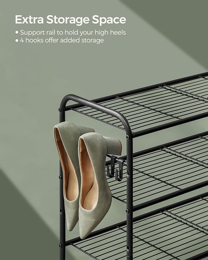 SONGMICS Shoe Rack, 3-Tier Shoe Organizer, Metal Shoe Shelf Storage with 4 Side Hooks, Holds 18 Pairs of Shoes, Height-Adjustable Shoe Rack for Entryway, Hallway, Closet, Ink Black ULMR131B01