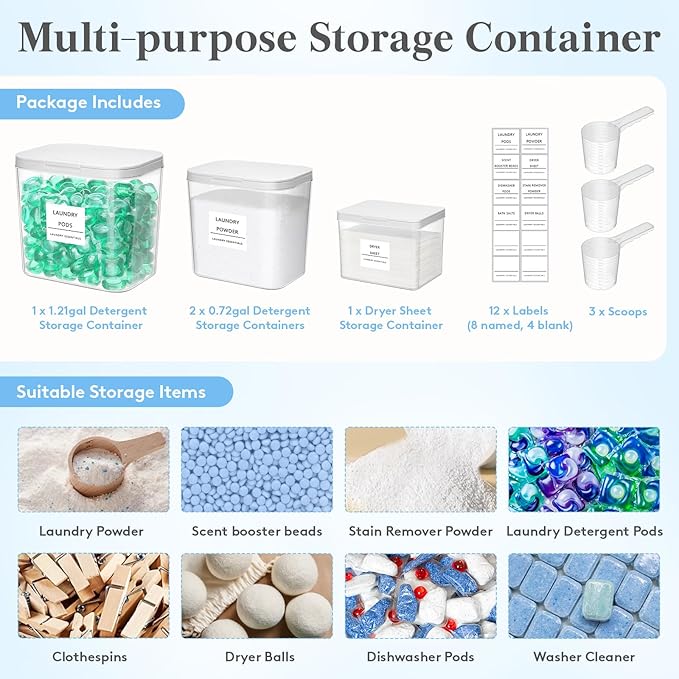 Lifewit Laundry Pods Container with Pop-up Lid, Detergent Dispenser, Dryer Sheet Holder, Laundry Room Organization Storage Jars for Washing Powder, Soap, Scent Booster Beads,0.5+0.72+1.2gal, 4 Pcs