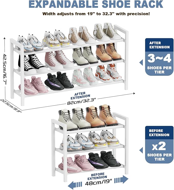 Mavivegue Expandable Shoe Rack, 3-Tier Shoe Organizer for Closet, Adjustable Shoe Rack for Front Door Entrance, Entryway,White