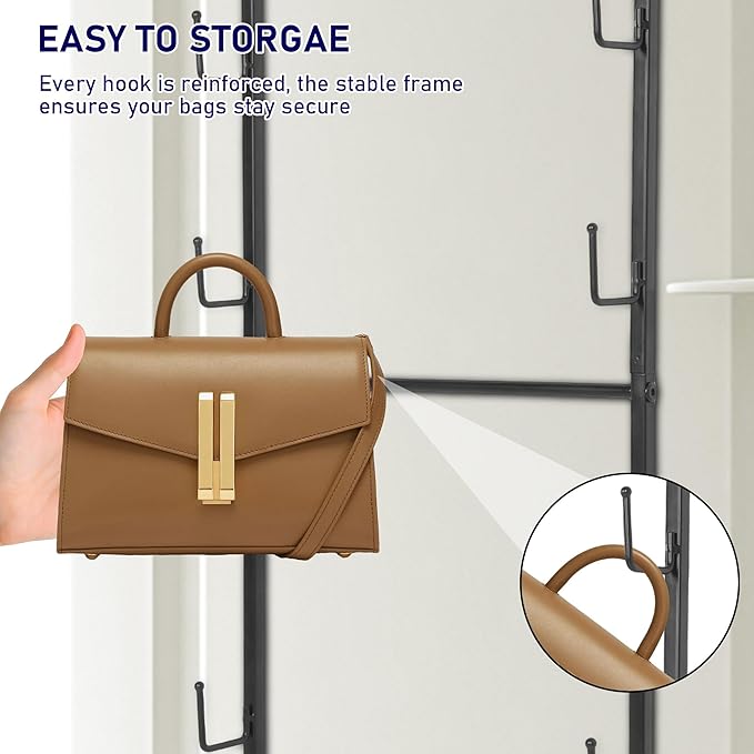 Over the Door Purse Organizer with 16 Hooks and Storage Basket, Wall Mounted Handbag Organizer, Purse Organizer for Closet Holds up to 16 Bags, Purse Holder for Door Has Split Design