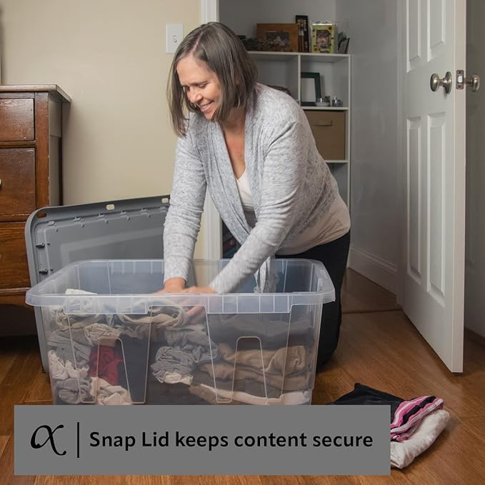 CX BLACK & YELLOW 27-Gallon Heavy Duty Clear Storage Bins with Lids, Stackable Plastic Storage Bins with Weather-Resistant Design, Home Organization, Clear & Grey, 4 Pack (14.3H x 20.6W x 30.6D)