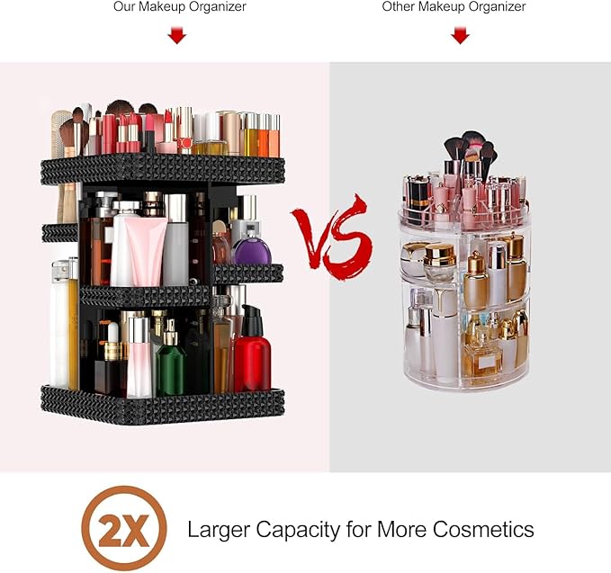 360 Rotating Makeup Organizer - Black Acrylic Makeup Storage for Vanity, Cosmetic Organizer with Lotion and Perfume Holder for Dresser