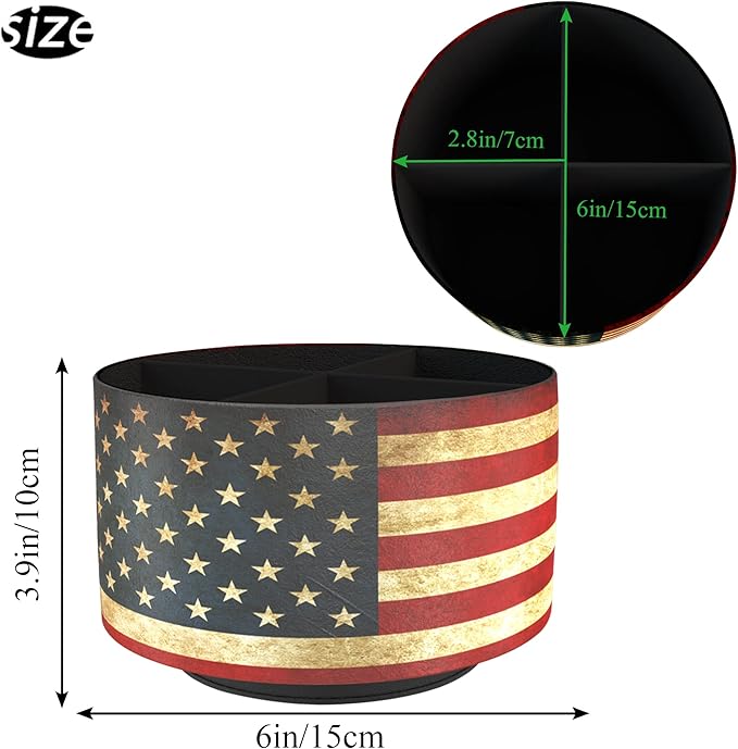 Hennaja Round Leather Art Supply Organizer,Remote Control Holder,360 Degree Rotating,Multi-Functional Pencil Holder,4 Compartments Desktop Stationary Organizer(1-American Flag)
