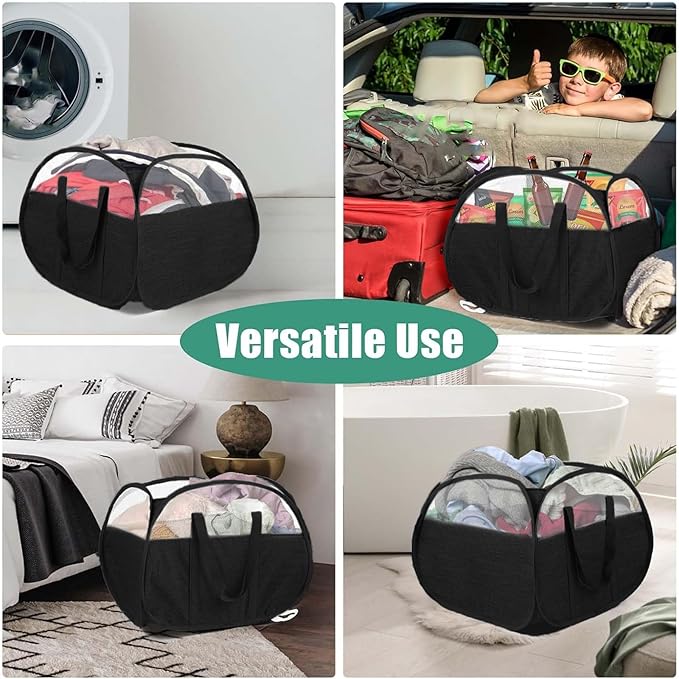 Collapsible Laundry Baskets, Tear Proof Pop Up Laundry Hamper with Large Capacity, Sturdy Foldable Laundry Basket, Easy to Carry Laundry Hamper for Home, Laundry Room, Bedroom, Dorm, Travel Black