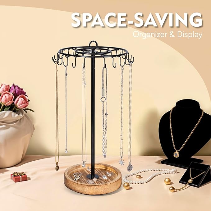 Rotating Necklace Holder, Necklace Organizer Tree Stand with 24 Hooks, Jewelry Necklace Display Stand, Wooden & Metal, Tall Spinning for Vendors Retail, Valentine's Gift for Women, Vintage Black