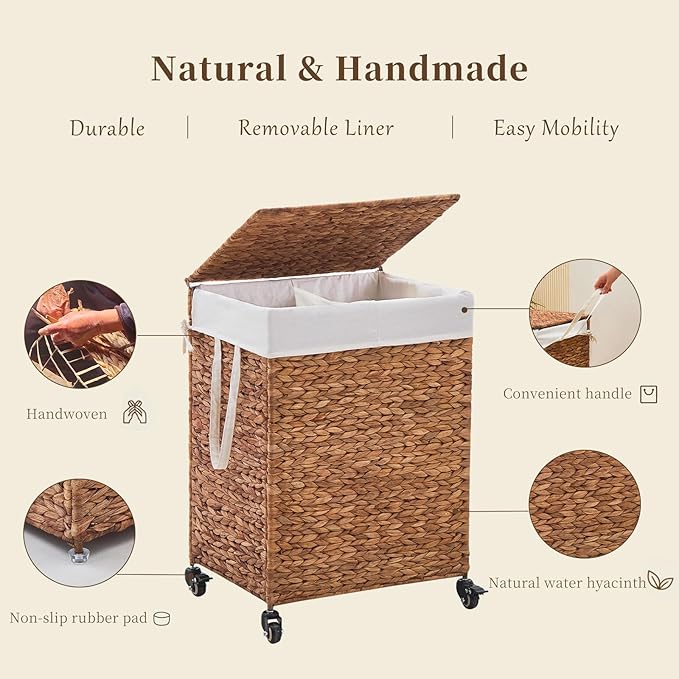 2-Section Laundry Hamper with Lid, Large Capacity Woven Natural Water Hyacinth Laundry Sorter with Removable Liners, Rolling or Non-Slip Design for Bedroom (Espresso, 2-Section)