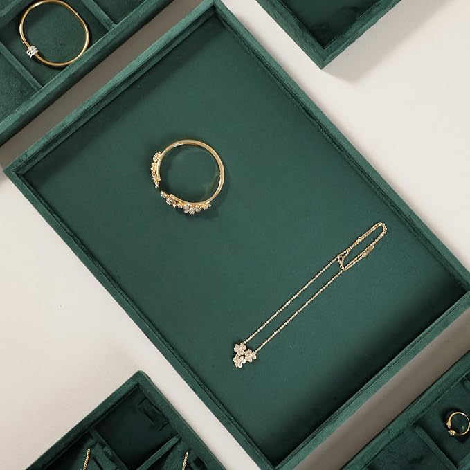Velvet Stackable Jewelry Display Flat Tray For Ring Earring Necklace Bracelet, Bangle Pendant Storage Blank Plate, Shop Countertop Jewelry Dish Organizer (Green)