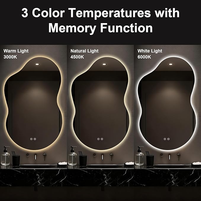 Asymmetrical Lighted Mirror for Bathroom,Modern LED Vanity Mirror with Backlit,Fog-Free,Tri-Color Dimmable Lighting with Memory Function,Hardwire Ready [Horizontal/Vertical] 48" H x 30" W
