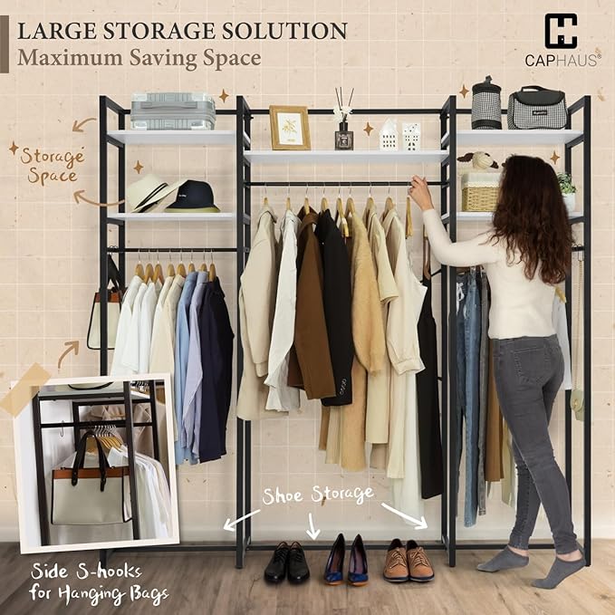 CAPHAUS 913lbs Capacity Garment Rack for Hanging Clothes, Heavy Duty Open Wardrobe w/Hanging Rods, Free Standing Closet Organizer, Clothing Rack, Metal Closet w/Wooden Boards, Black Vintage Board