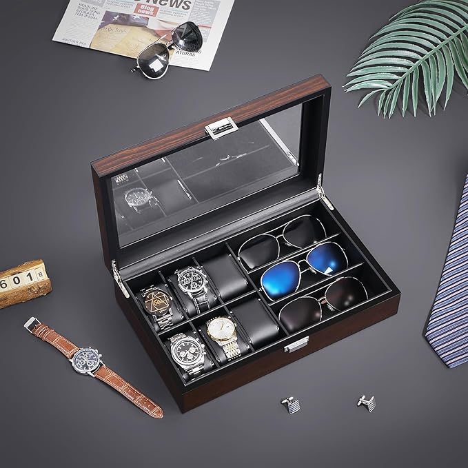 BEWISHOME 6-Slot Watch Box, 3 Mens Jewelry Box, Watch Box Organizer for Men Watch Case with Glass Lid Watch Travel Case Removable Watch Pillows, Watch Display Case, Watch Storage Brown SSH15Y