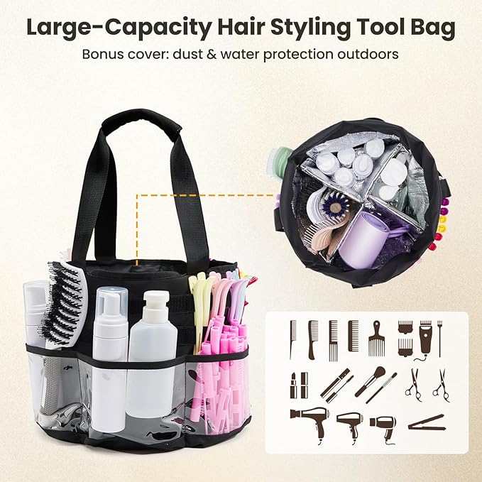 Hairstylist Travel Bag, with Dust Cover, 11L Large Capacity, Heat-Resistant Interior, Clear Pockets, DIY Velcro Straps, Top Drawstring, Bathroom Cleaning/Pet Grooming Supplies Organizer