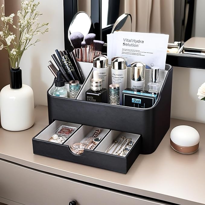 KINGFOM Leather Makeup Organizer with Drawer, Cosmetic Storage for Dresser Countertop and Bathroom Vanity, Beauty Holder for Lipstick Brush Skincare (Black)