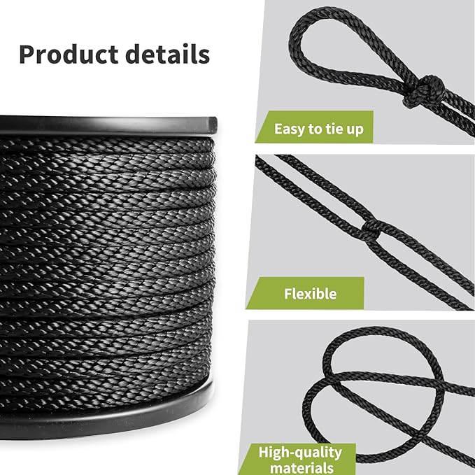 5/16 Inch 250FT Black Polyester Solid Braid Rope | High UV & Abrasion Resistance | Industrial Grade, Low Stretch | Multipurpose for Flag Poles, Clotheslines