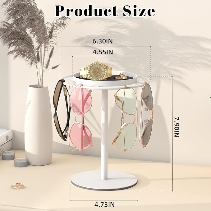 LSK Metal Sunglasses Organizer, Glasses Holder Stand with Storage Tray, Eyeglasses Holder with Anti-Slip Pads for Tabletop, Desk, Dresser, White