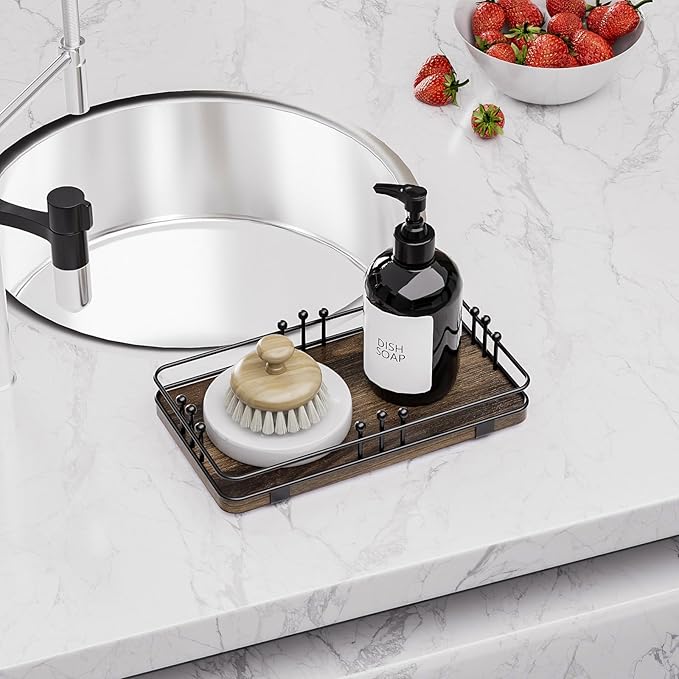 Bathroom Vanity Tray for Toiletries Makeup Perfume Candle Toilet Tank, Kitchen Tray for Soap Dispenser Spice Salt, Small Tray for Countertop Decor Coffee Nightstand 7.9”x4.4” Brown-Black