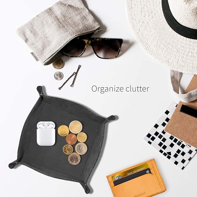 Maruse Italian Tumble Leather Valet Tray Organizer, Office Desk Accessory, Durable Leather Handmade in Italy (Black)