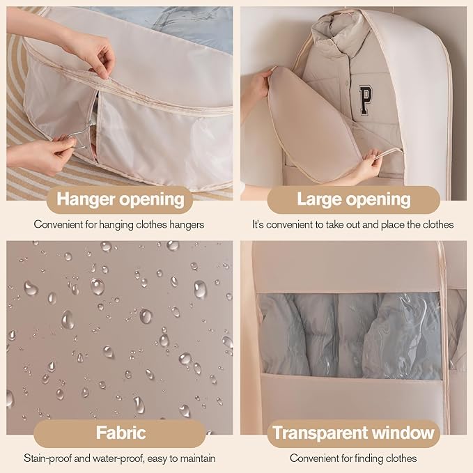 Gusseted Garment Bags for Hanging Clothes Suit Bags for Open Closet Storage, Side Clear Clothing Cover for Coat, Dress, Jacket, Shirt, Fur Wardrobe Protector, (ecru, 35 inch)