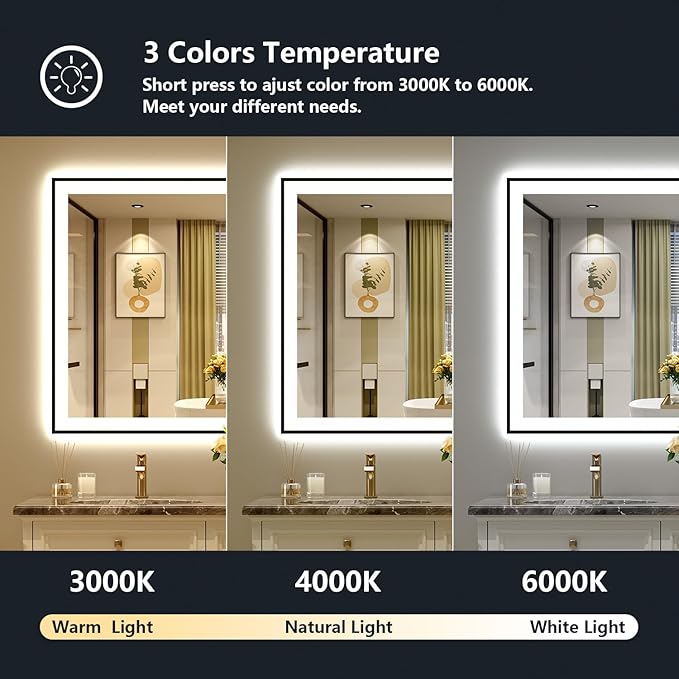 44x36 Inch LED Bathroom Mirror with Lights (Front Lit and Backlit) Black Framed Lighted Vanity Mirror for Bathroom Wall Dimmable Anti-Fog Memory Tempered Glass Horizontal/Vertical