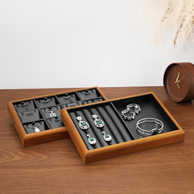 Oirlv Solid Wood 12 Grid Jewelry Organizer Tray Jewelry Drawer Organizer for Rings Earrings Storage Display(Black)