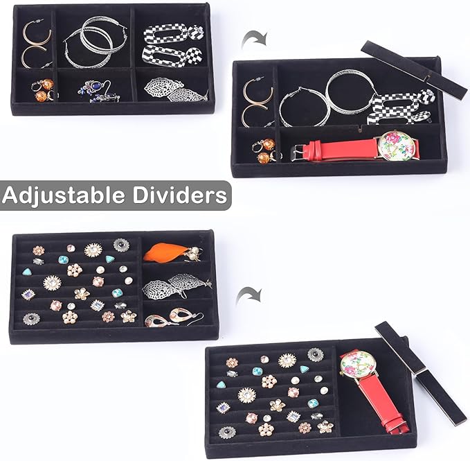Jewelry Trays,Velvet Stackable Organizer Trays,Drawer Inserts Jewelry Display Case For Rings Stud Necklaces Earring Organizer Tray for Women Girls-8 Pack (Black)