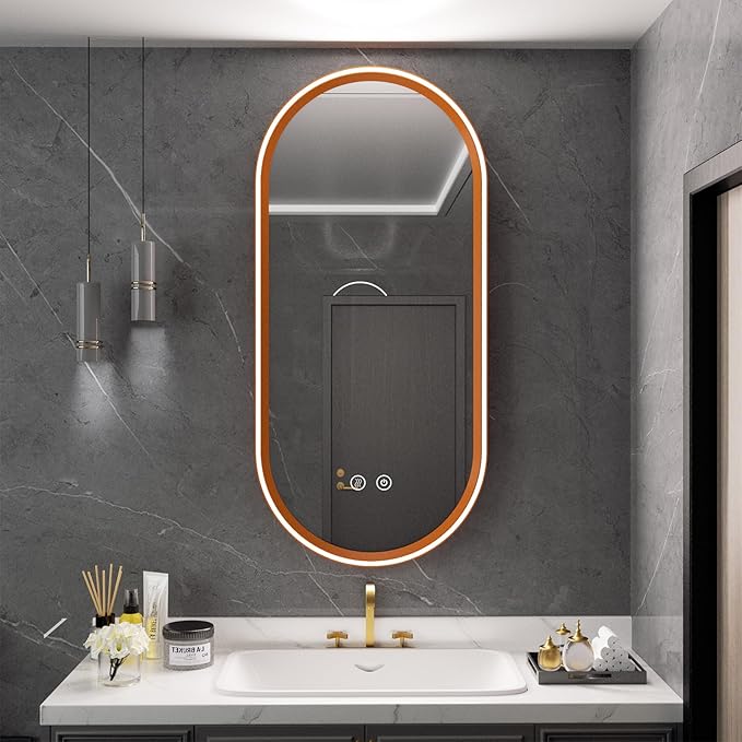Led Bathroom Mirror with Lights, 20'' x 43'' Oval Heavy Duty Aluminum Frame Bathroom Vanity Mirror with Lights, 3 Colors, Brightness Stepless Dimmable, Anti-Fog, Memory Function, Single LED Orange