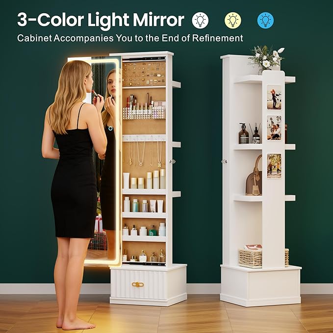 HNEBC LED Jewelry Cabinet Standing, Full Length Mirror with Storage/3 Color Adjustable LIghts, Jewelry Armoire has 3 Photo Frames/4 Shelfs/1 Drawer,Space-Saving Organizer,Christmas Gifts for Women