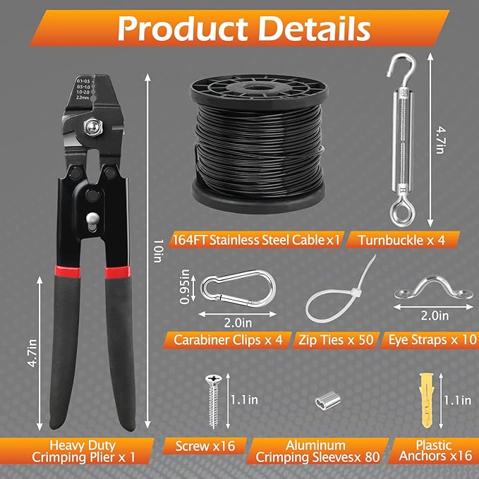 String Lights Hanging Kit, 164 FT Vinyl-Coated Stainless Steel Cable for Outdoor, Heavy Duty Crimping Plier, Turnbuckle & Hooks, Enough Accessories & Use Manual for Clothesline, Garden Rigging