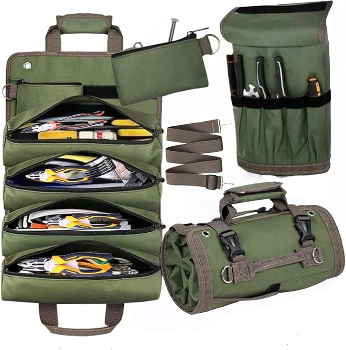 Tool Roll Up Bag Organizer Heavy Duty Portable Tool Storage with Multiple Pockets for Mechanics, Electricians Handyman Practical Gift for Men dads