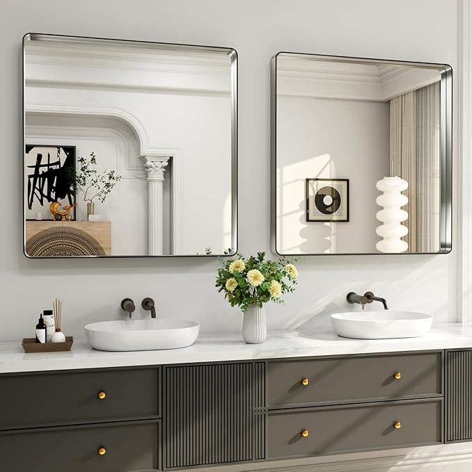 LOAAO 30X30 Inch Brushed Nickel Bathroom Mirror, Rounded Rectangle Silver Metal Frame Mirror, Brushed Nickel, Anti-Rust, Shatter Proof, Hangs Horizontally or Vertically