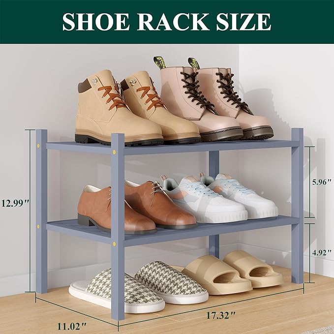 Smiry Small Bamboo Shoe Rack 2-Tier, Stackable Wooden Shoe Organizer for Entryway & Closet, Free Standing Wood Shoe Storage Shelf for Front Door & Small Spaces, Grey