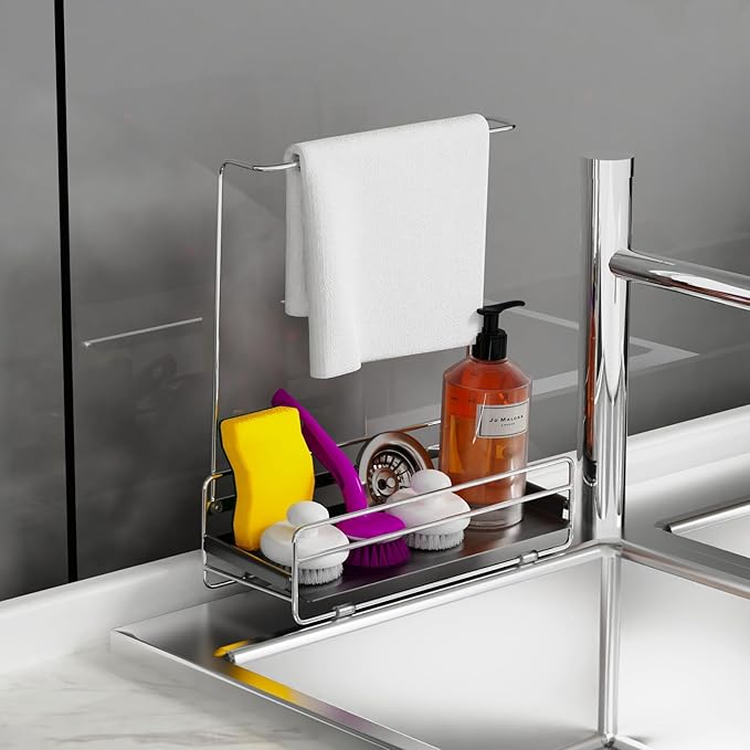 KABUM 304 Stainless Steel Sponge Holder with Towel Rack for Kitchen Sink, Sink Caddy with 4 Non-Slip Silicone Pads, Kitchen Essential Countertop Storage & Organization, Rustproof 304 Stainless Steel