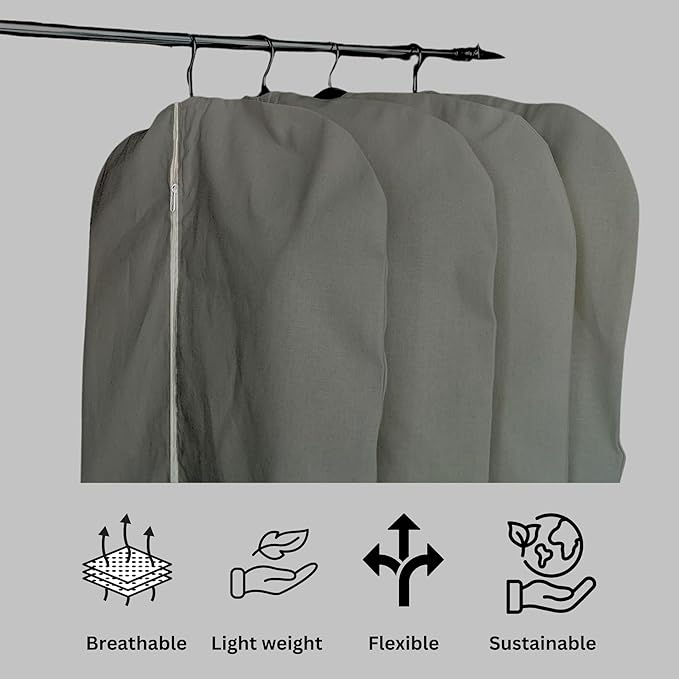 Garment Bag for Hanging Clothes – Organic Cotton Suit & Coat Cover with Zipper | Breathable Closet Organizer for Travel & Storage (X-Large (24"x60"), Gray)
