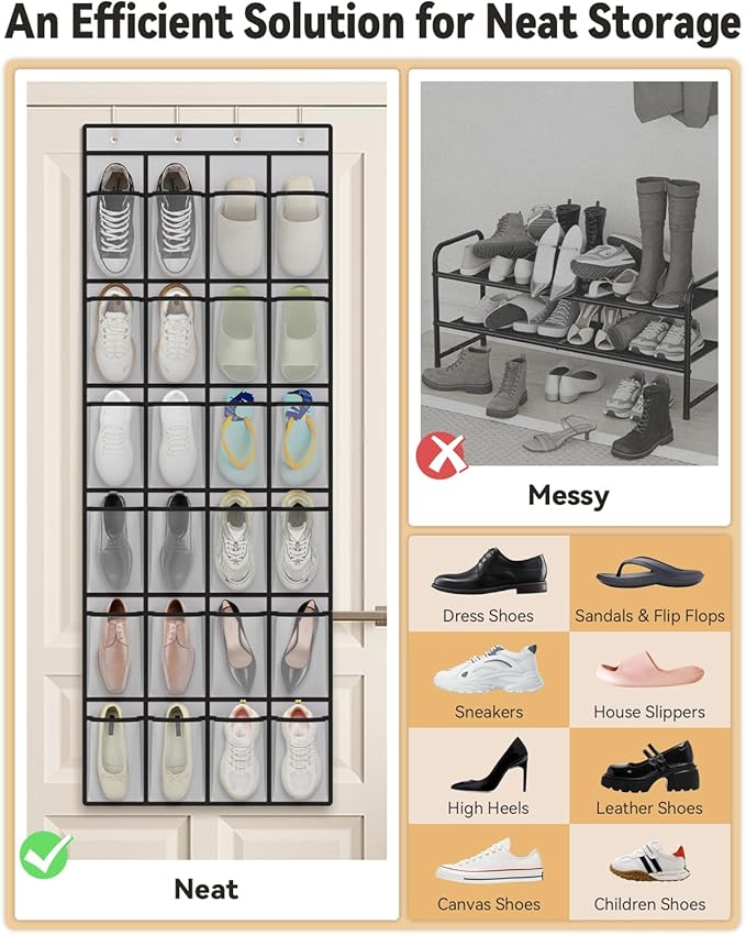 dodowin Over the Door Shoe Organizer Rack, 24 Large Breathable Mesh Pockets, Foldable Hanging Storage Holder for Closet Door, Space Saving Shoe & Accessory Organizer with 4 Metal Hooks, Gray