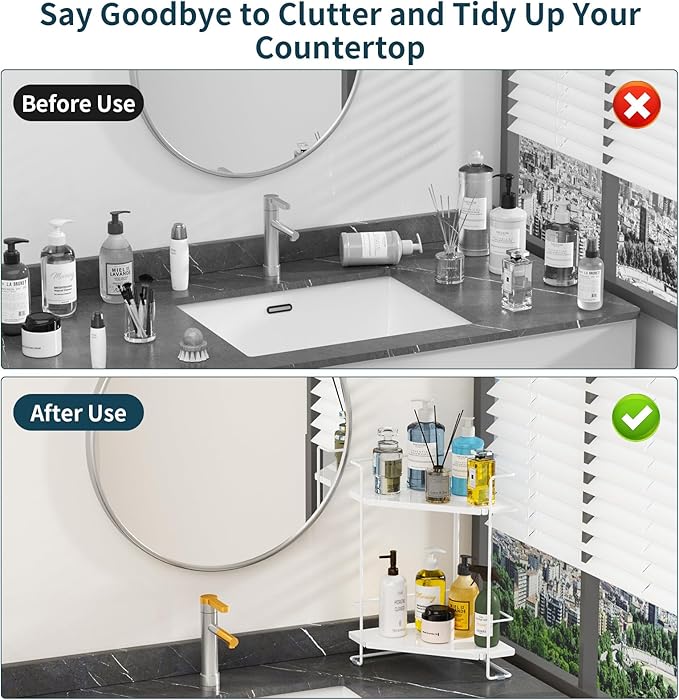 2-Tier Bathroom Counter Organizner, Bathroom Organizers and Storage for Bathroom, Kitchen Counter, Corner Storage Shelf for Bedroom, Storage, Makeup, Skincare, Perfume (White)