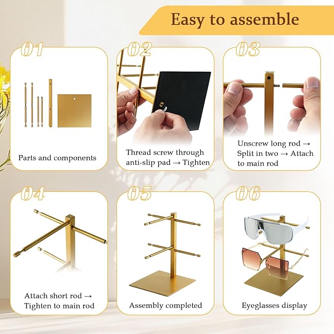 2-Tier Sunglass Display Stand,Sunglasses Organizer, Titanium Brushed Eyeglass Holder Stand, Gold Sunglasses Rack for Homes, Offices, Boutique Shops（PATENT PENDING