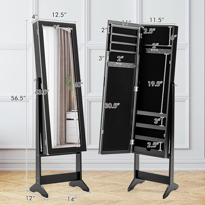 COSTWAY Jewelry Armoire Cabinet, Standing Jewelry Organizer with Full-length Mirror & 3 Adjustable Angles, Large Storage Capacity Jewelry Cabinet for Bedroom, Dressing Room (Black)