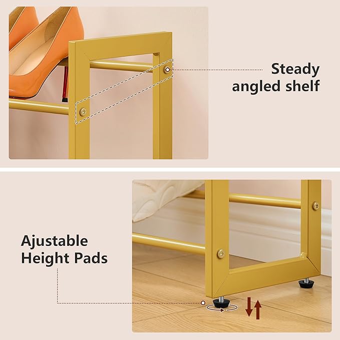 FAVOOSTY 2-Tier Expandable Shoe Rack, Adjustable Shoe Shelf Storage Organizer Space Saving Metal Free Standing Shoe Rack for Entryway Closet Doorway, Gold