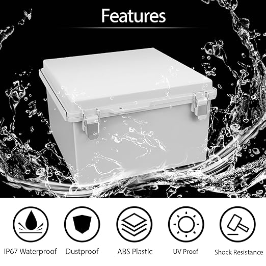 LeMotech Electrical Box, IP67 Waterproof Hinged Cover Stainless Steel Latch Junction Box, ABS Plastic Electrical Enclosure with Mounting Plate,Wall Brackets, Cable Glands, 11.8"x11.8"x7.1", Grey