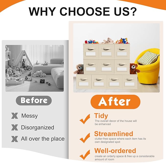 10 Pcs Fabric Storage Cubes with Labels 13 Inch Collapsible Cube Organizer Baskets with Window Cards for Shelf Nursery Clothes Book Toys Storage Bin(Beige)