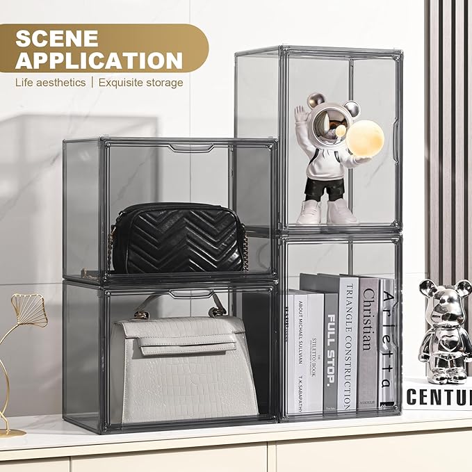 4 Pack Handbag Storage Organizer for Closet, ULENDIS Transparent Gray Acrylic Display Case for Handbag Purse, Stackable Storage Organizer with Magnetic Door for Wallet Book Cosmetic Toys Display