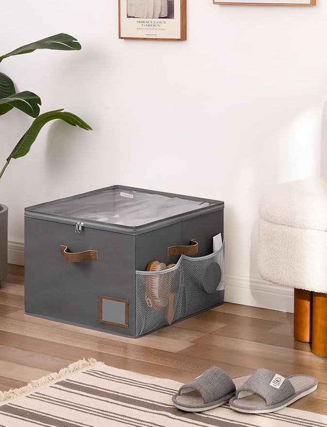 StorageWorks Shoe Organizer for Closet, Fits up to 16 Pairs, Shoe Cubby Storage Containers with Side Mesh Pocket and Clear Cover, Grey