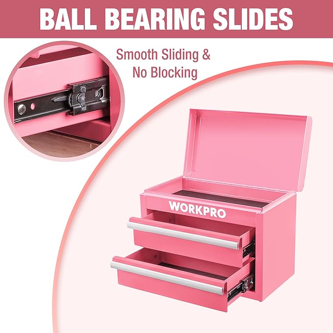 WORKPRO Metal Mini Tool Box, Top Tool Chest containing Two Drawers with Ball Bearing Slides, PVC Drawer Liners and PP Feet Pads, Cold Rolled Steel Small Toolbox for Multi-Purpose Storage - Pink Ribbon