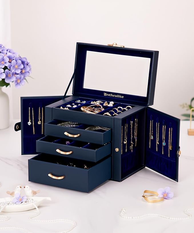 Jewelry Box with 3 Drawers: Display Organizer for Earrings Necklaces - Gifts for Girls Women (Dark Blue)