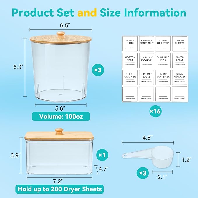 Laundry Pods Container & Dryer Sheet Holder, Laundry Room Organization and Storage Jars with Lids, Labels & Scoops for Powder Detergent Scent Booster