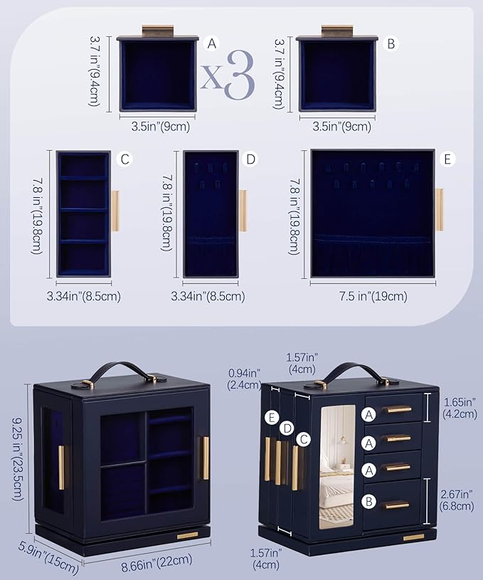 Homde Valentine's Day gifts Jewelry Box 360° Rotating, Necklace Earring Organizer with Transparent Window, Mirror, 7 Drawers, Large Ring Display Storage Case for Girls Women (Dark Blue)