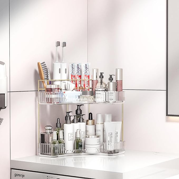 Makeup Organizer Countertop 2 Tier, Corner Bathroom Countertop Organizer with Toothbrush and Makeup Brush Holder, Corner Vanity Tray for Skincare Organization