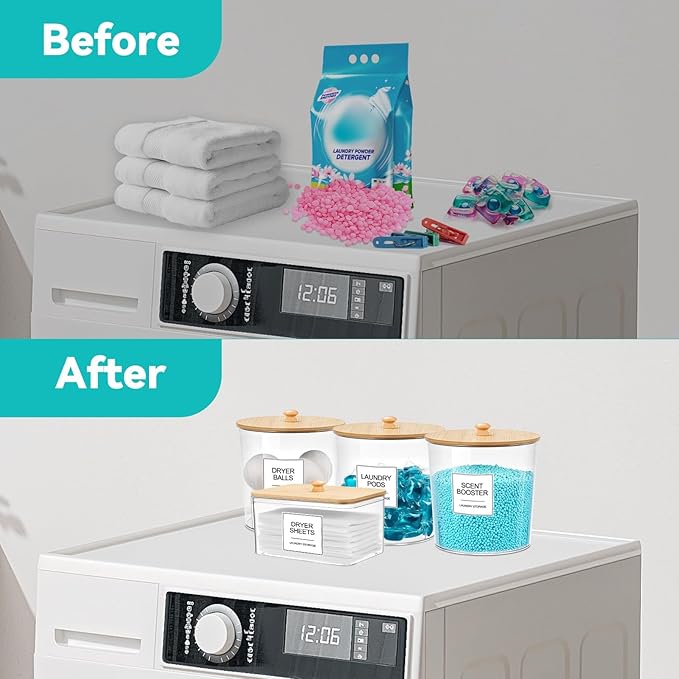 Laundry Pods Container & Dryer Sheet Holder, Laundry Room Organization and Storage Jars with Lids, Labels & Scoops for Powder Detergent Scent Booster