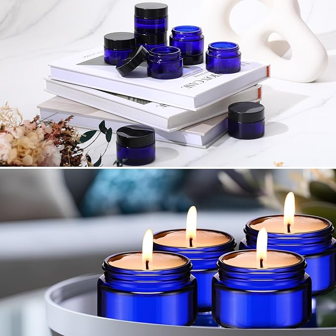 Domensi 60 Pcs 1oz Glass Jars with Lids Bulk Salve Tins Winter Cream Container Small Glass Candle Cosmetic Jars for Travel Lip Balm with Inner Liners for Lotion Sample Cream(Cobalt Blue, Black Lid)